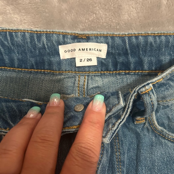 Good American Blue Distressed Jean Shorts with Fringe - Picture 2 of 4